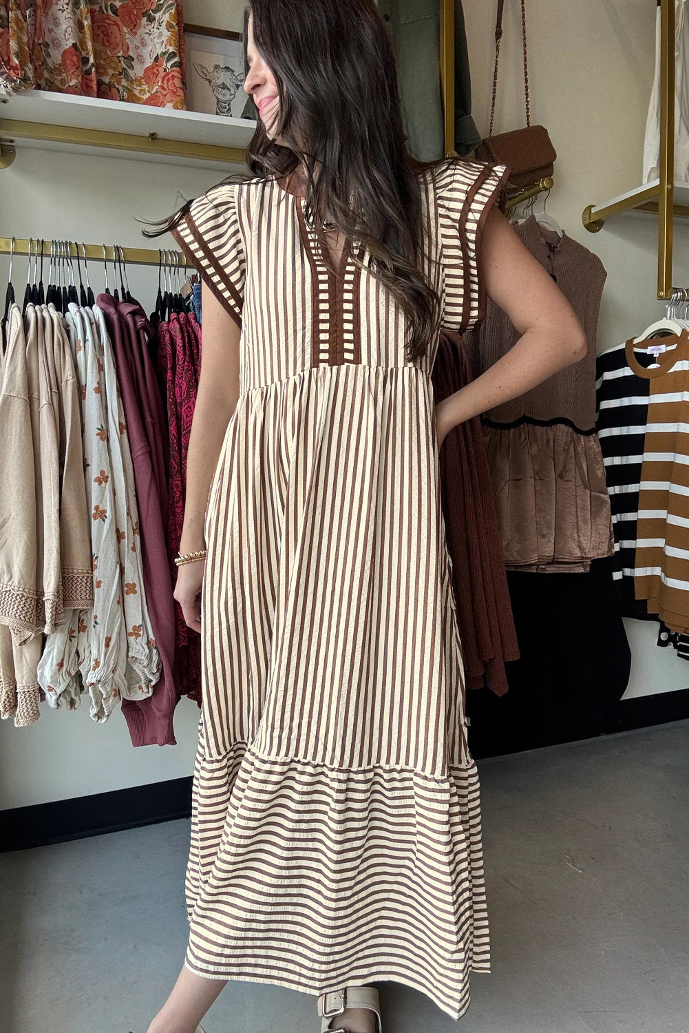 KaleaBoutique Double Ruffled Short Sleeve Contrast Trim V Neck Midi Dress - KaleaBoutique.com