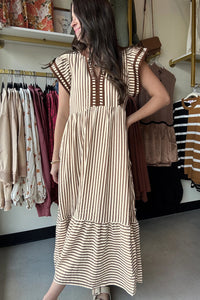 KaleaBoutique Double Ruffled Short Sleeve Contrast Trim V Neck Midi Dress - KaleaBoutique.com