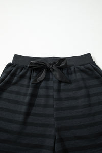 KaleaBoutique Stylish Printed Stripe Long Sleeve Satin Tie Shorts Two Piece Set - KaleaBoutique.com