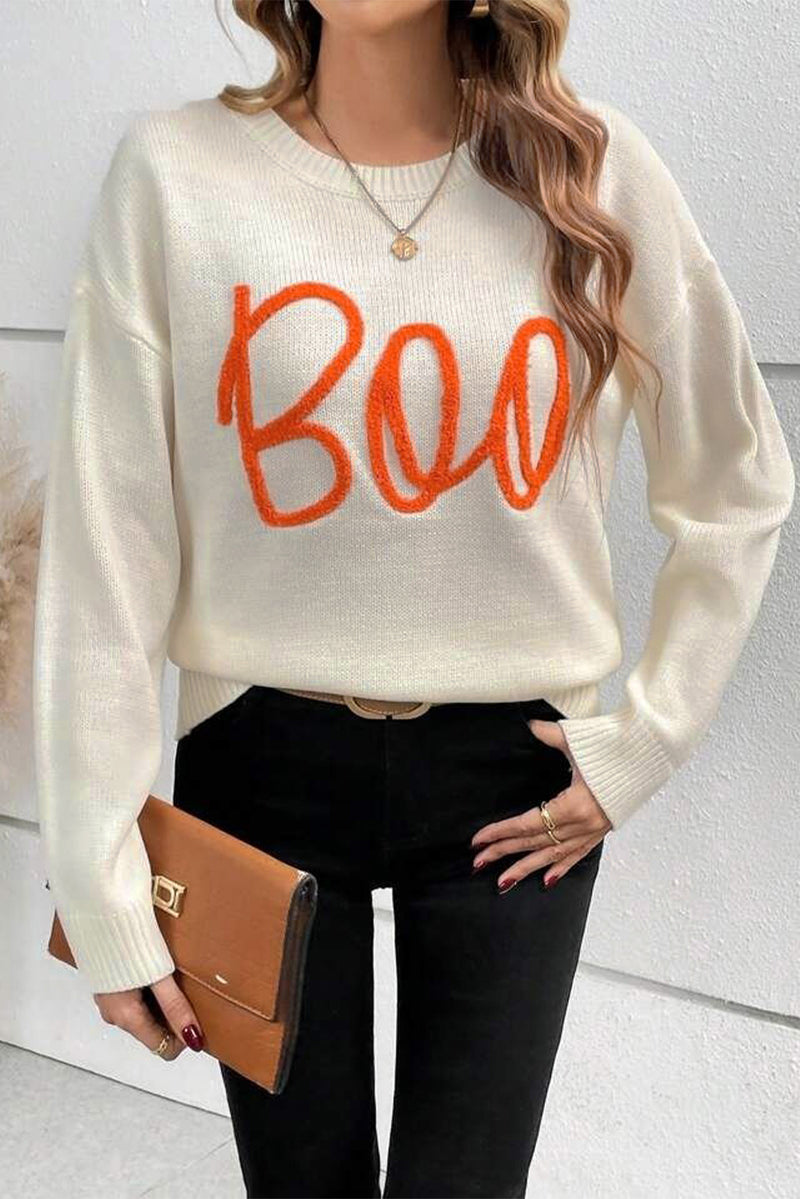 KaleaBoutique Boo Knitted Pattern Ribbed Edge Drop Shoulder Sweater - KaleaBoutique.com