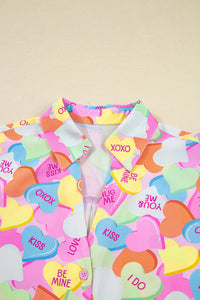 KaleaBoutique Comfortable Valentines Candy Heart V Neck Collared Tunic Shirt and Shorts 2pcs Pajama Set - KaleaBoutique.com