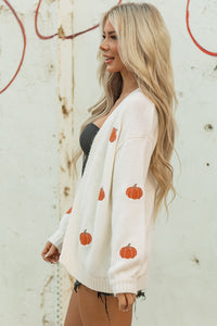 KaleaBoutique Comfortable Pumpkin Print Open Front Drop Shoulder Midi Cardigan - KaleaBoutique.com