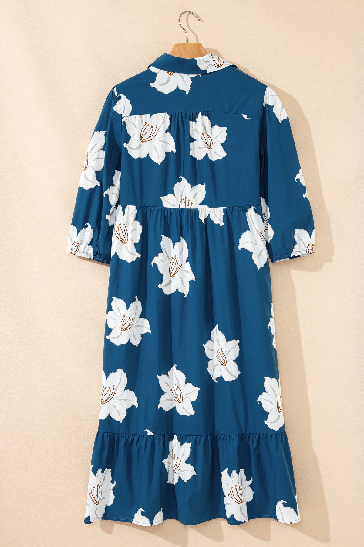 KaleaBoutique Comfortable Floral Print Shirt Collar V Neck 3/4 Sleeve Shift Midi Dress - KaleaBoutique.com