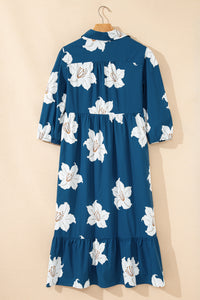 KaleaBoutique Comfortable Floral Print Shirt Collar V Neck 3/4 Sleeve Shift Midi Dress - KaleaBoutique.com