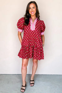 Floral Print Contrasted V Neck Short Bubble Sleeve Mini Dress - KaleaBoutique.com