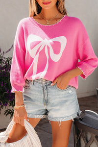 KaleaBoutique Stylish Big Ribbon Bow Print Contrast Stitch Trim Drop Shoulder Sweater - KaleaBoutique.com