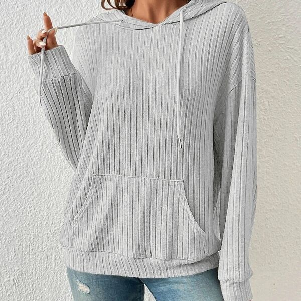 Women's Ribbed Drawstring Pullover Hoodie with Kangaroo Pocket - KaleaBoutique.com