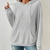 Women's Ribbed Drawstring Pullover Hoodie with Kangaroo Pocket - KaleaBoutique.com