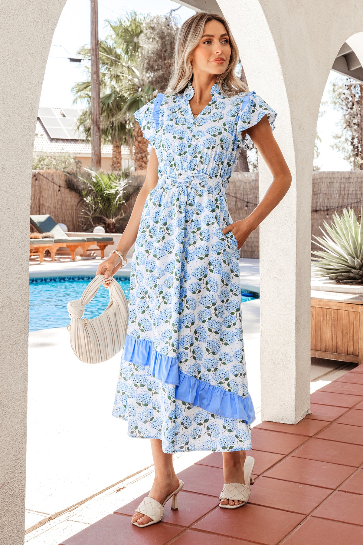 KaleaBoutique Comfortable Hydrangea Floral Print Ruffle Trim Flutter Sleeve Long Dress - KaleaBoutique.com