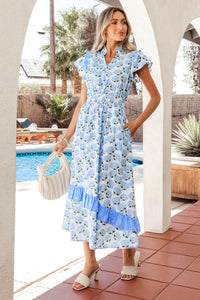 KaleaBoutique Comfortable Hydrangea Floral Print Ruffle Trim Flutter Sleeve Long Dress - KaleaBoutique.com