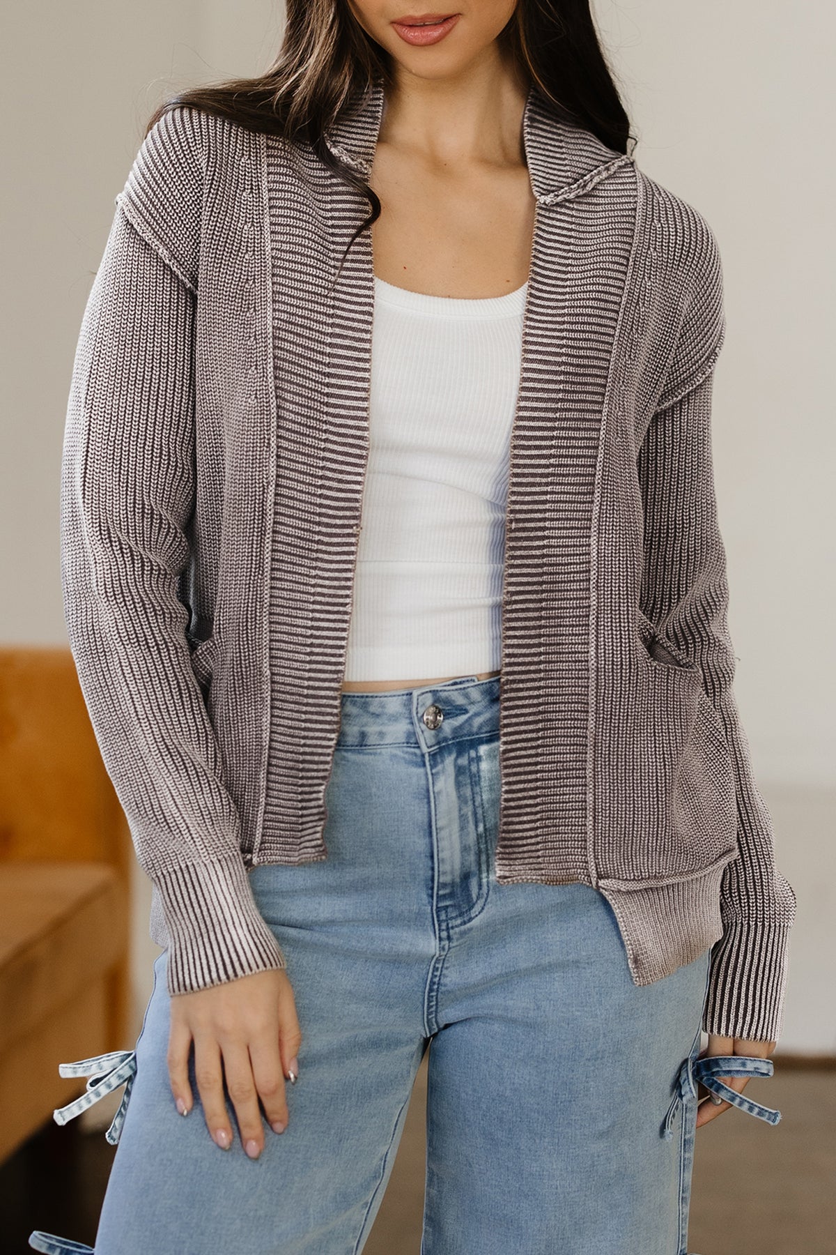 KaleaBoutique Stylish Mineral Wash Exposed Seam Patchwork Knit Open Sweater Cardigan - KaleaBoutique.com
