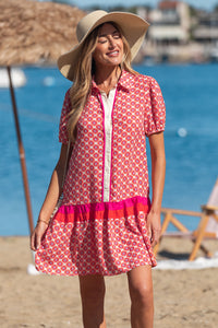 KaleaBoutique Stylish Geometric Floral Print Color Block Trim Button Front Ruffle Hem Dress - KaleaBoutique.com