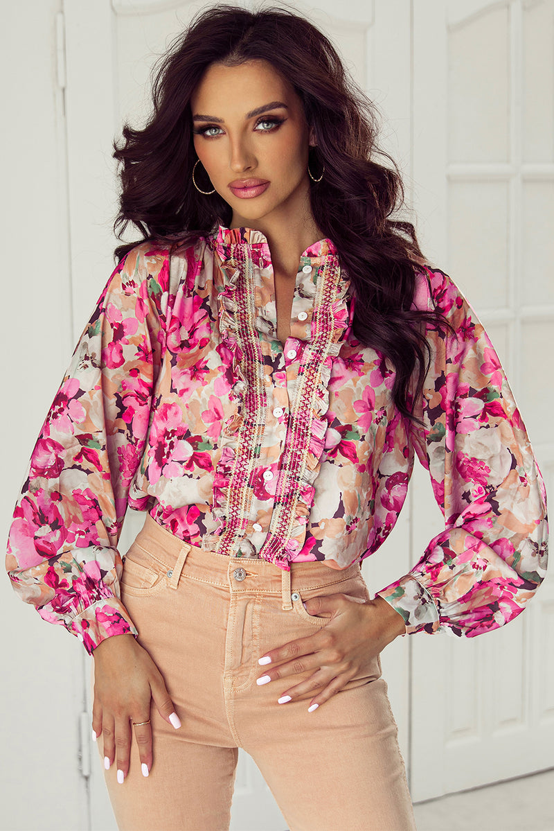 KaleaBoutique Floral Print Ruffled Stitch Buttoned Loose Fit Shirt - KaleaBoutique.com