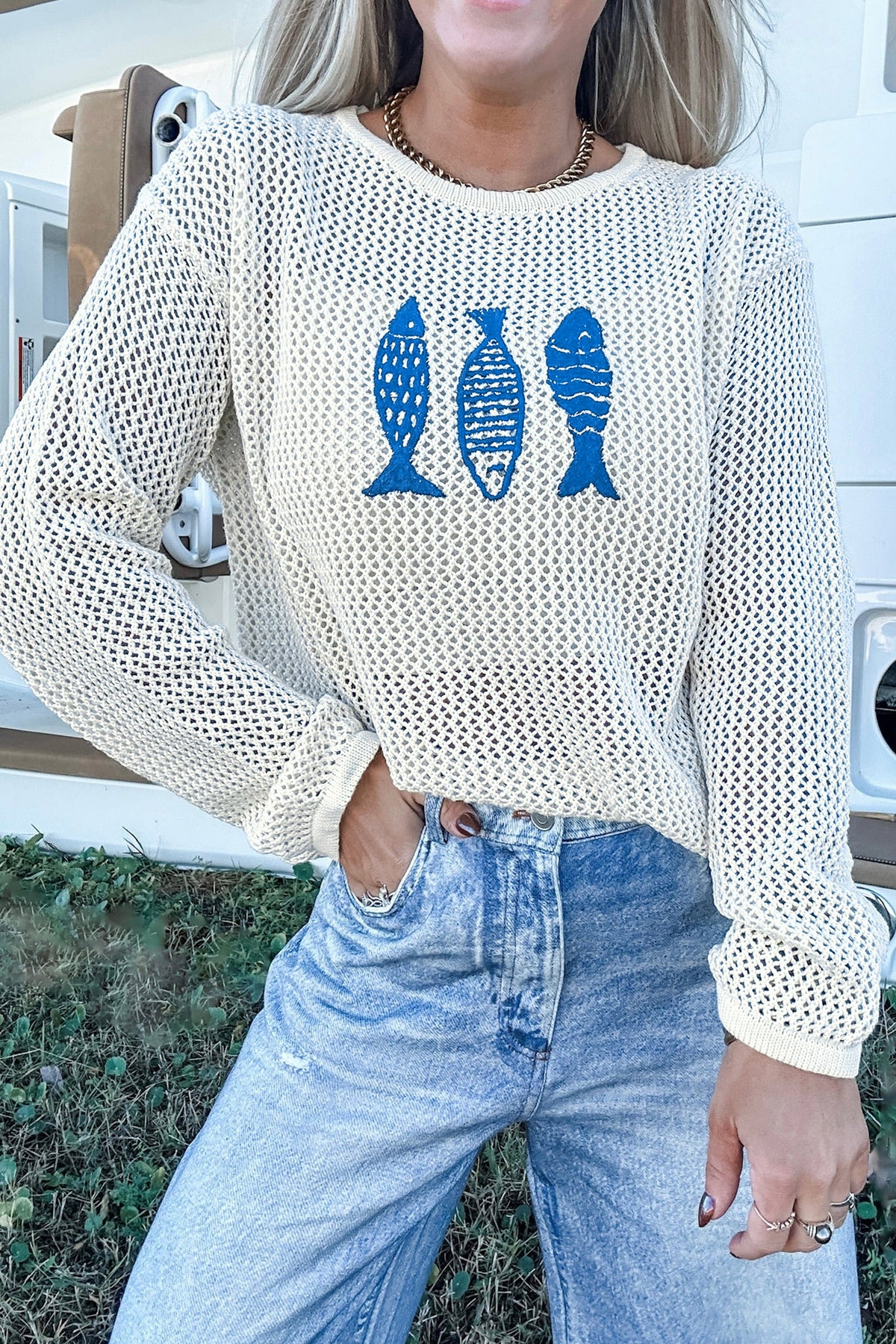 Open Knit Fish Embroidered Casual Sweater - KaleaBoutique.com