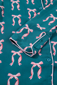 KaleaBoutique Stylish Ribbon Bow Print Silky Long Sleeve Shirt and Shorts 2pcs Pajama Set - KaleaBoutique.com