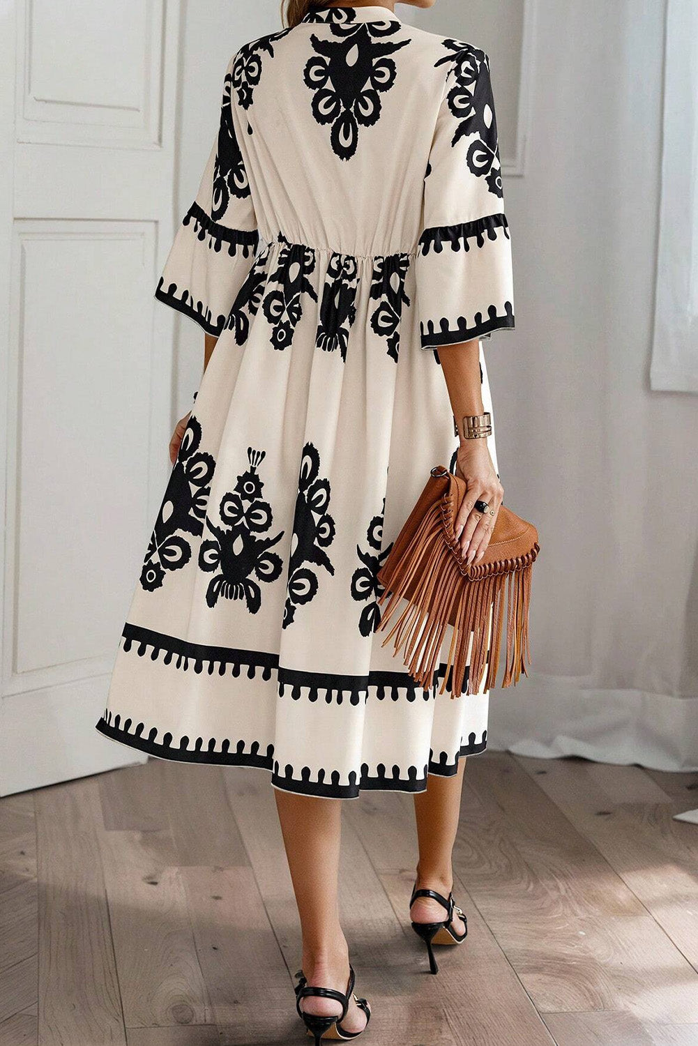 KaleaBoutique Western Geometric Print 3/4 Sleeve Loose Midi Dress - KaleaBoutique.com