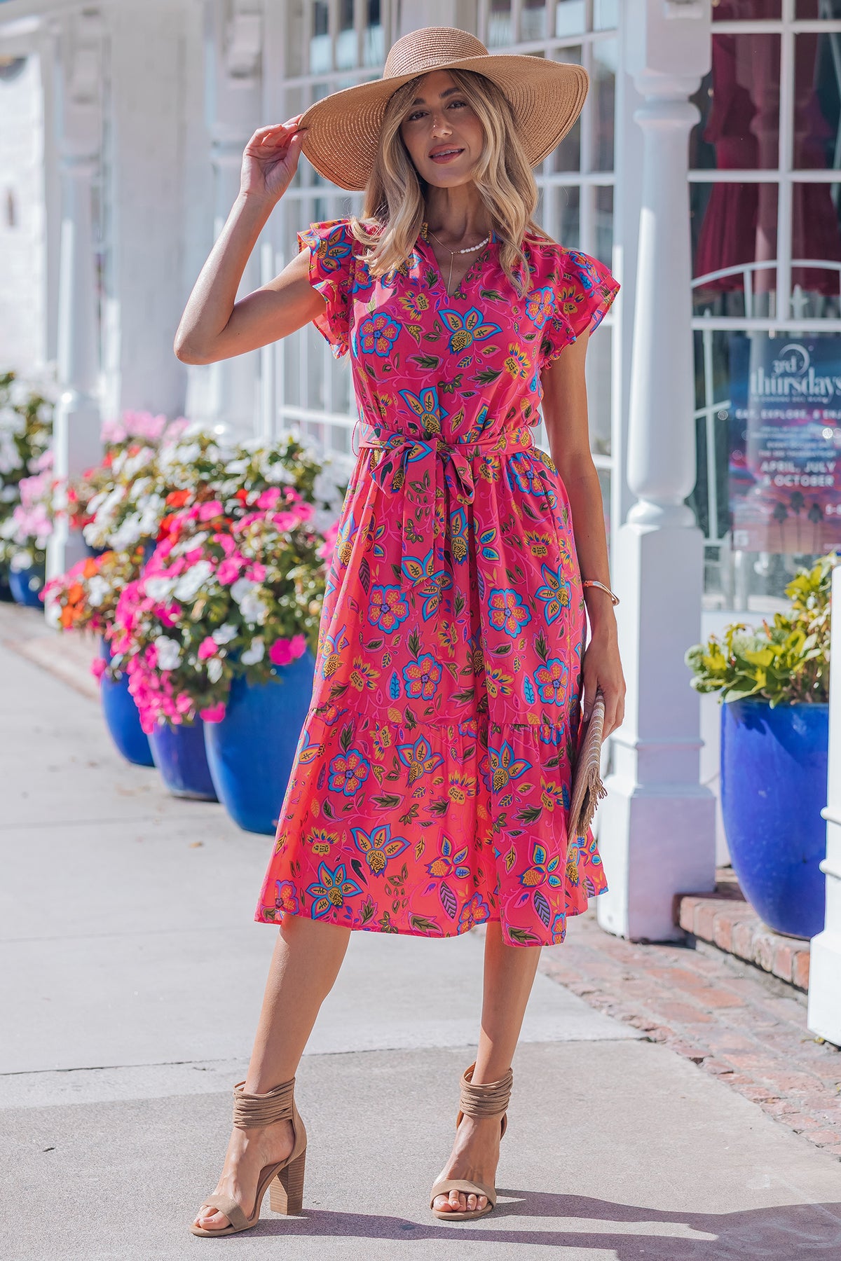 KaleaBoutique Stylish Flutter Sleeve Belted Floral Long Dress - KaleaBoutique.com