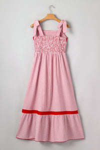KaleaBoutique Stylish Bow Knot Straps Contrast Trim High Waist Ruffle Hem Maxi Dress - KaleaBoutique.com