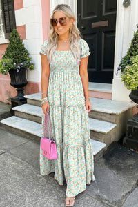KaleaBoutique Comfortable Floral Short Bubble Sleeve Shirred High Waist Maxi Dress - KaleaBoutique.com