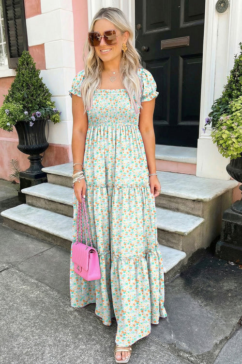 KaleaBoutique Comfortable Floral Short Bubble Sleeve Shirred High Waist Maxi Dress - KaleaBoutique.com