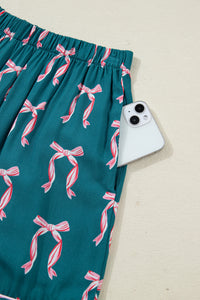 KaleaBoutique Stylish Ribbon Bow Print Silky Long Sleeve Shirt and Shorts 2pcs Pajama Set - KaleaBoutique.com