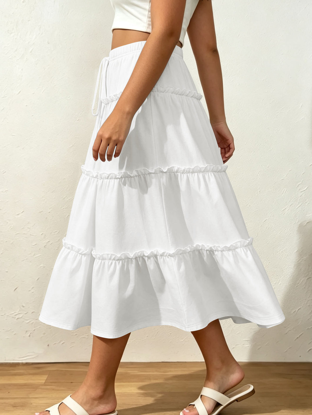 Women's Drawstring Elastic-Waist Tiered Midi Skirt