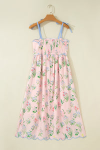 KaleaBoutique Stylish Floral Print Contrast Trim Self-tie Straps High Waist Midi Dress - KaleaBoutique.com