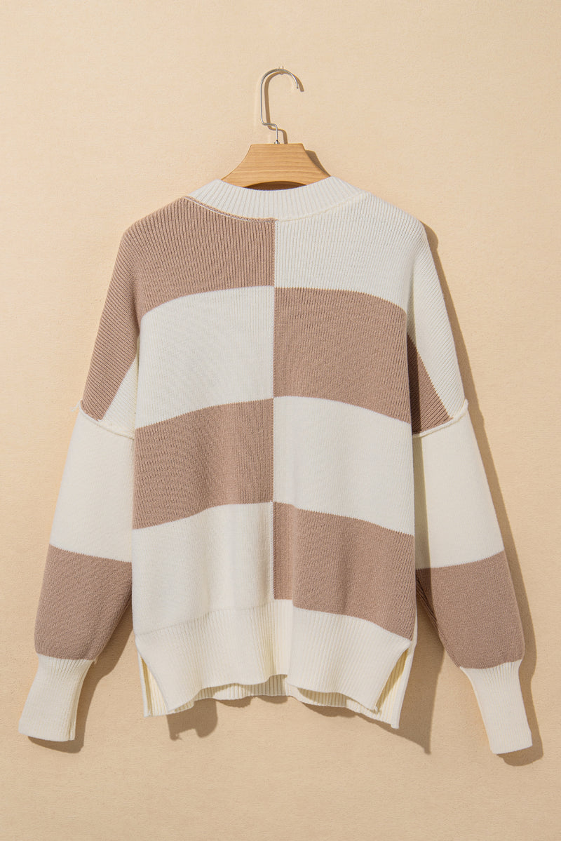 KaleaBoutique Checkered Side Slits Drop Shoulder Oversized Sweater - KaleaBoutique.com