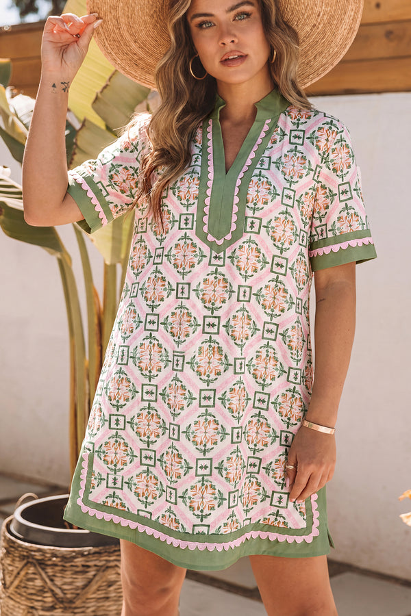 KaleaBoutique Stylish Boho Geometric Flower Print Short Sleeve Loose Mini Dress - KaleaBoutique.com