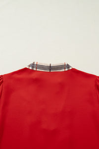 Contrast Plaid Patchwork V Neck Long Sleeve Blouse - KaleaBoutique.com