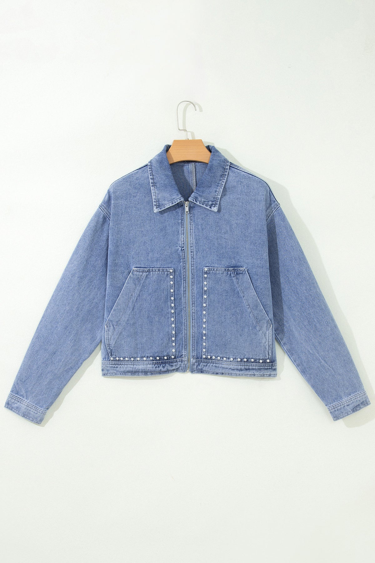 KaleaBoutique Stylish Studded Metal Zipper Rivet Pockets Long Sleeve Denim Jacket - KaleaBoutique.com
