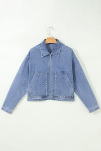 KaleaBoutique Stylish Studded Metal Zipper Rivet Pockets Long Sleeve Denim Jacket - KaleaBoutique.com