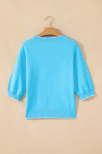 KaleaBoutique Comfortable Big Ribbon Bow Print Contrast Stitch Trim Drop Shoulder Sweater - KaleaBoutique.com