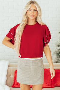 KaleaBoutique Stylish Pearl Embellished Double Ruffle Short Sleeve Sweater - KaleaBoutique.com