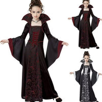 Children's Halloween Costume Witch Retro Lace Up Stand-up Collar Flared Sleeves Printed Maxi Dress - KaleaBoutique.com