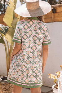 KaleaBoutique Stylish Boho Geometric Flower Print Short Sleeve Loose Mini Dress - KaleaBoutique.com
