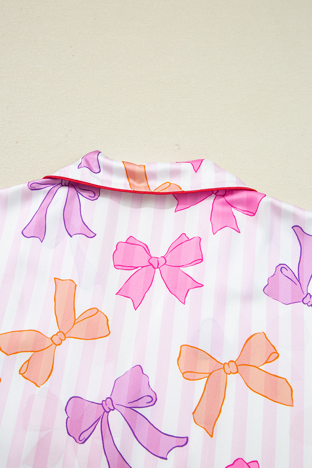 KaleaBoutique Stylish Striped Bow Print Contrast Piping Trim Shirt and Pants 2pcs Pajama Set - KaleaBoutique.com
