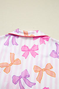 KaleaBoutique Stylish Striped Bow Print Contrast Piping Trim Shirt and Pants 2pcs Pajama Set - KaleaBoutique.com