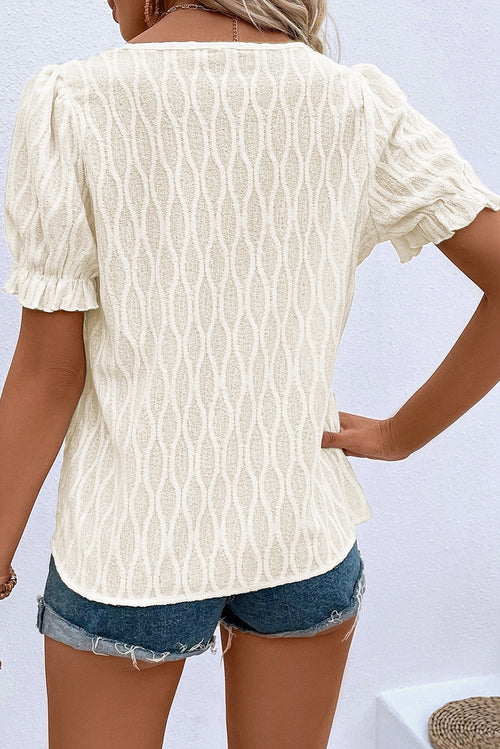 KaleaBoutique Chic Solid Color Textured Notched Neck Puff Sleeve Blouse - KaleaBoutique.com