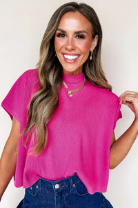 KaleaBoutique Comfortable Solid Color Ribbed Knit Mock Neck Loose Short Sleeve Sweater - KaleaBoutique.com