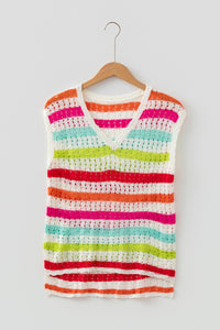 KaleaBoutique Stylish Striped Eyelet Knit V Neck Sweater Tee - KaleaBoutique.com