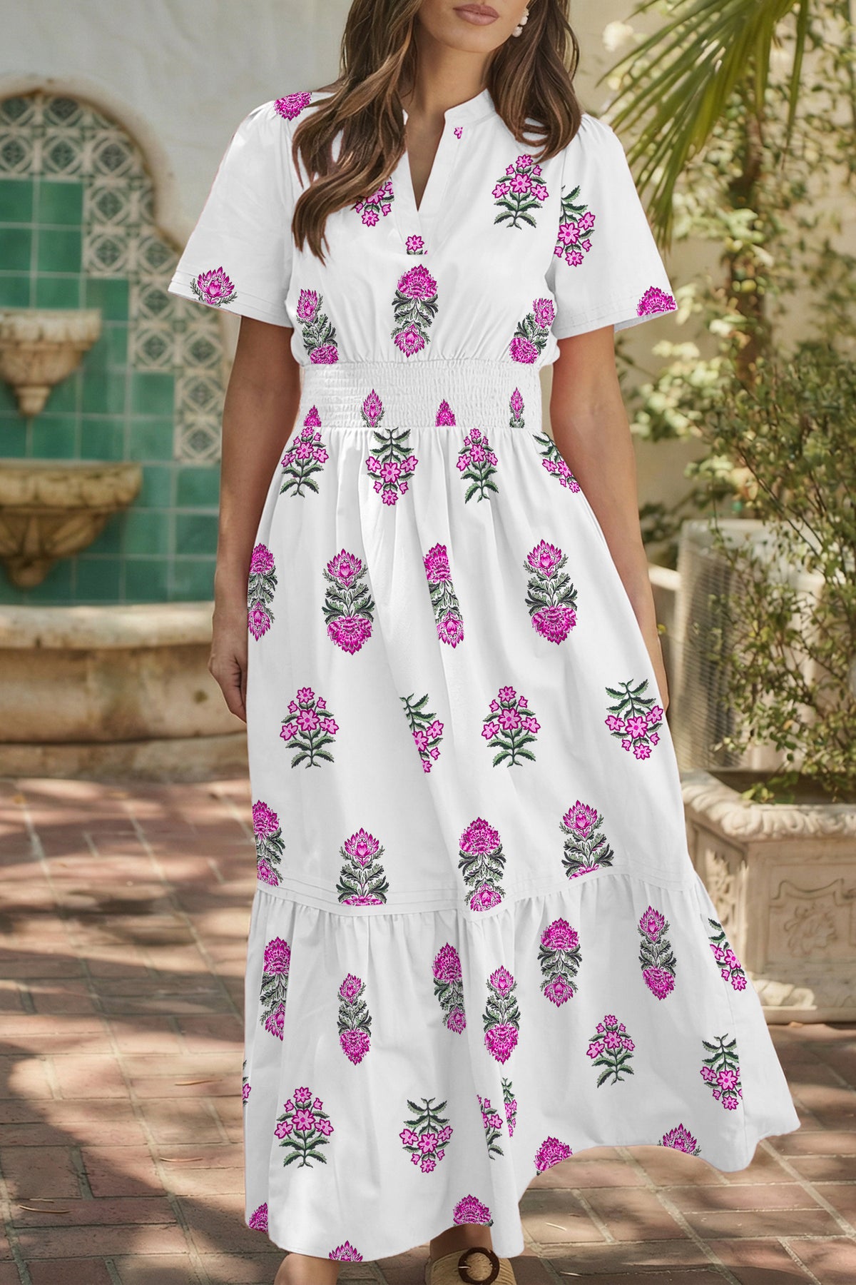 KaleaBoutique Stylish Floral Print Split Neck Shirred High Waist Ruffle Hem Maxi Dress - KaleaBoutique.com