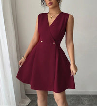 Double-breasted Pleated Sleeveless A-line Mini Dress - KaleaBoutique.com