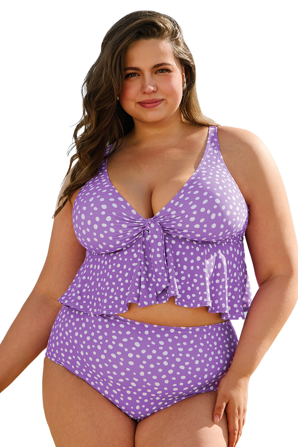 Plus Size Polka Dot Print Ruffled Knotted V Neck Tankini Set - KaleaBoutique.com