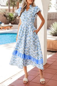 KaleaBoutique Comfortable Hydrangea Floral Print Ruffle Trim Flutter Sleeve Long Dress - KaleaBoutique.com