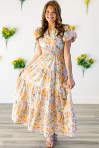 KaleaBoutique Comfortable Floral Bubble Sleeve V Neck Flared Maxi Dress - KaleaBoutique.com