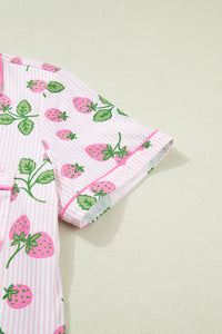 KaleaBoutique Stylish Striped Strawberry Print Lapel Shirt Drawstring Shorts 2pcs Pajama Set - KaleaBoutique.com