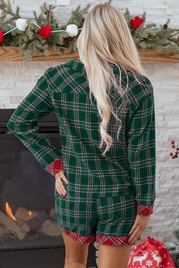 KaleaBoutique Comfortable Plaid Contrast Patched Christmas Holiday Long Sleeve Shirt and Short 2pcs Pajama Set - KaleaBoutique.com