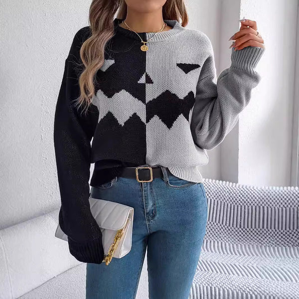 Halloween Contrast-color Pullover Sweater Fashion Long Sleeve Knitted Tops For Womens Clothing - KaleaBoutique.com