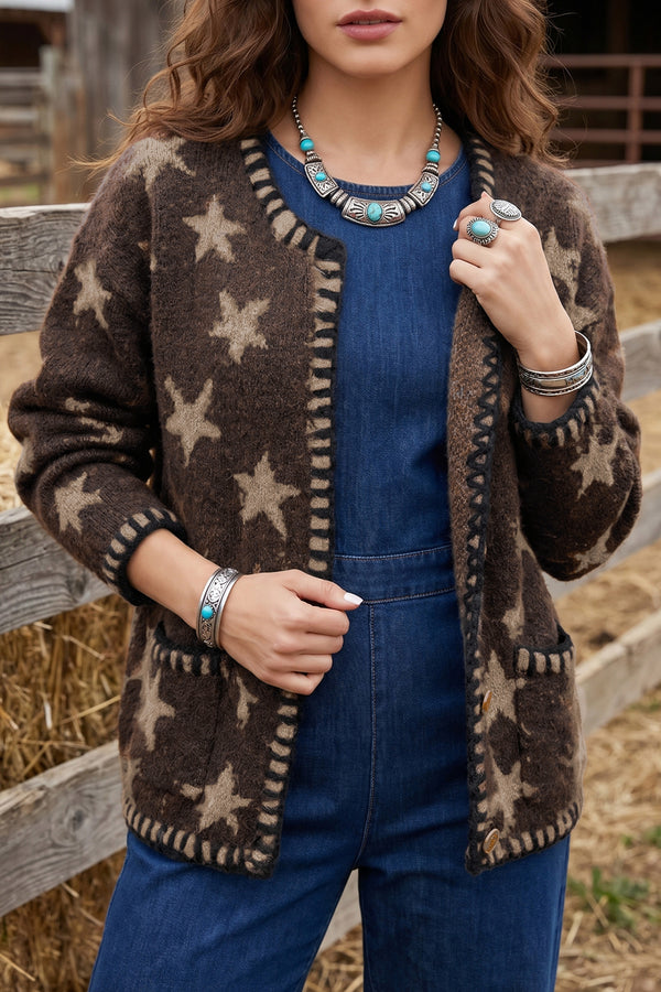 KaleaBoutique Stylish Stars Pattern Colorblock Long Sleeve Shift Cardigan - KaleaBoutique.com